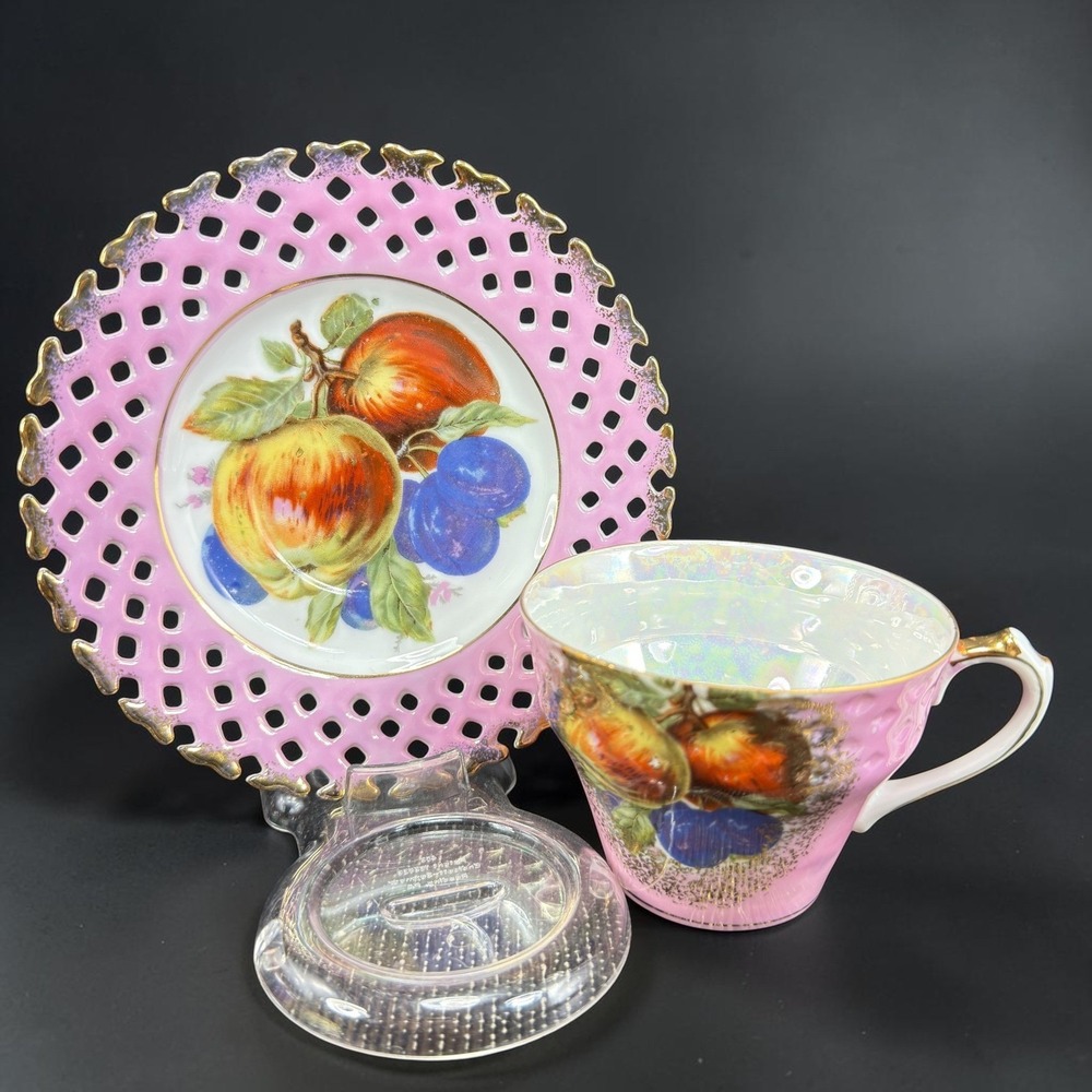 Royal Halsey Very Fine Pink Fruit Reticulated‎ Tea Cup and Saucer Set Gold Gilt